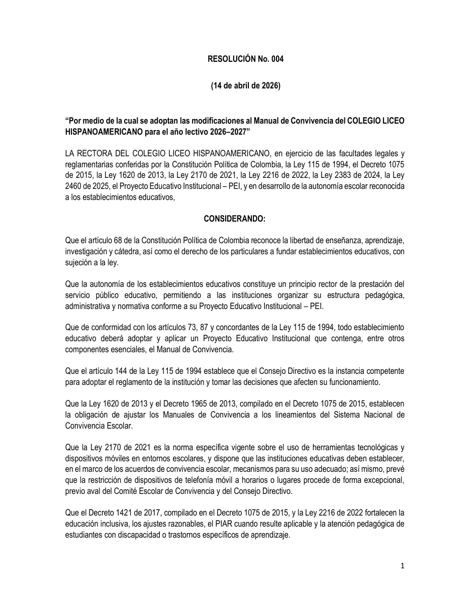 Página del Manual de Convivencia