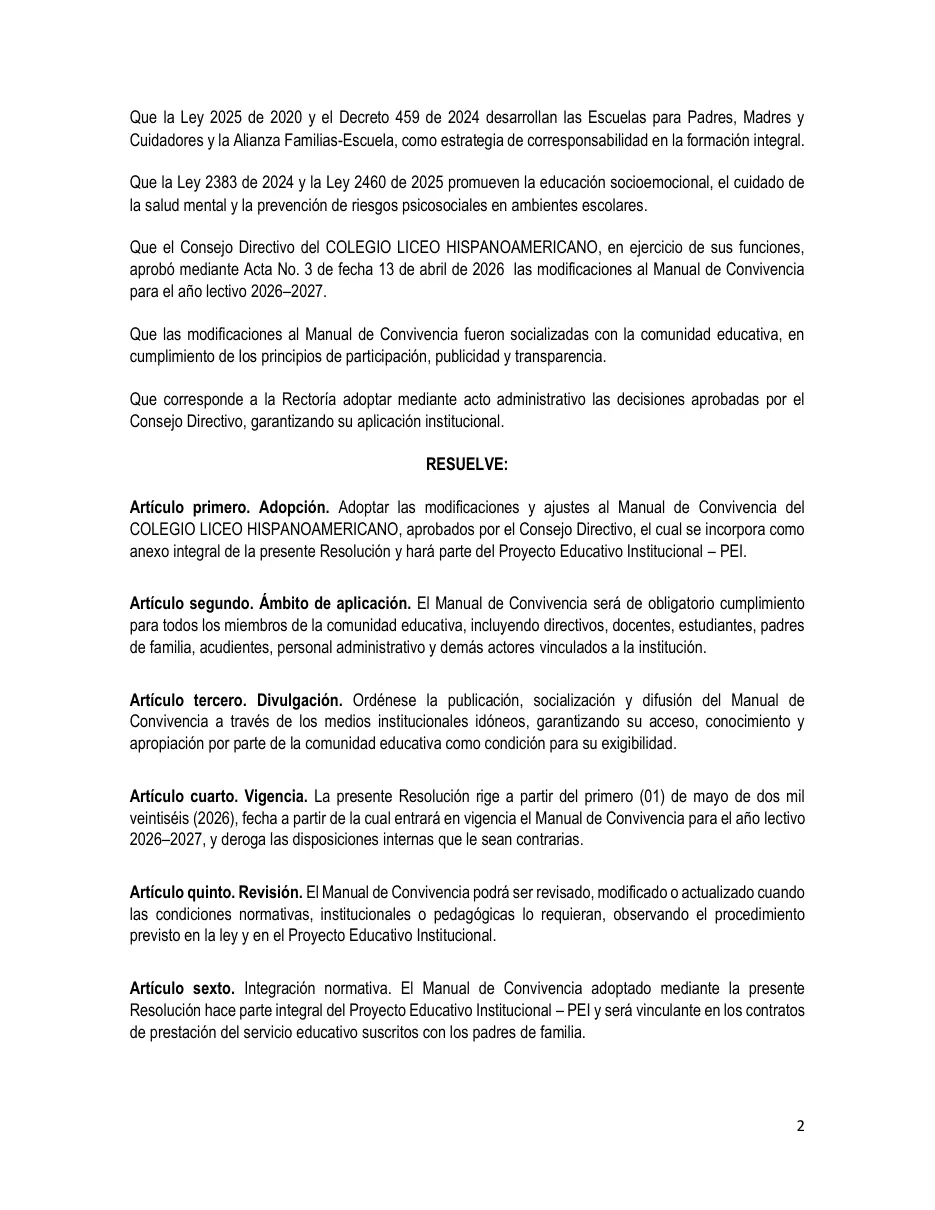 Página del Manual de Convivencia