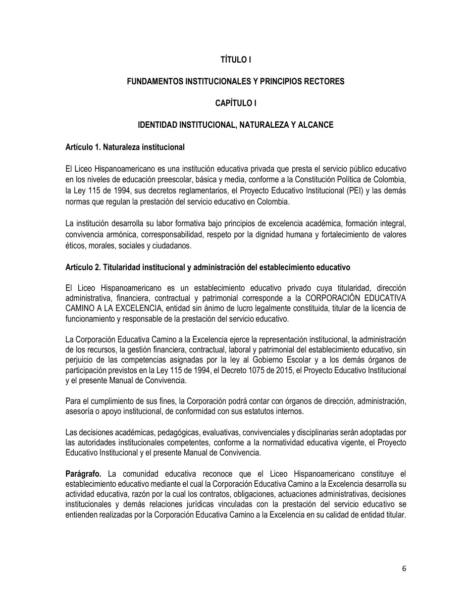 Página del Manual de Convivencia