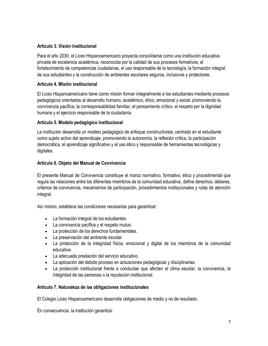 Página del Manual de Convivencia