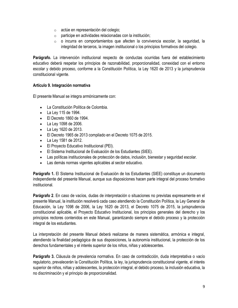 Página del Manual de Convivencia