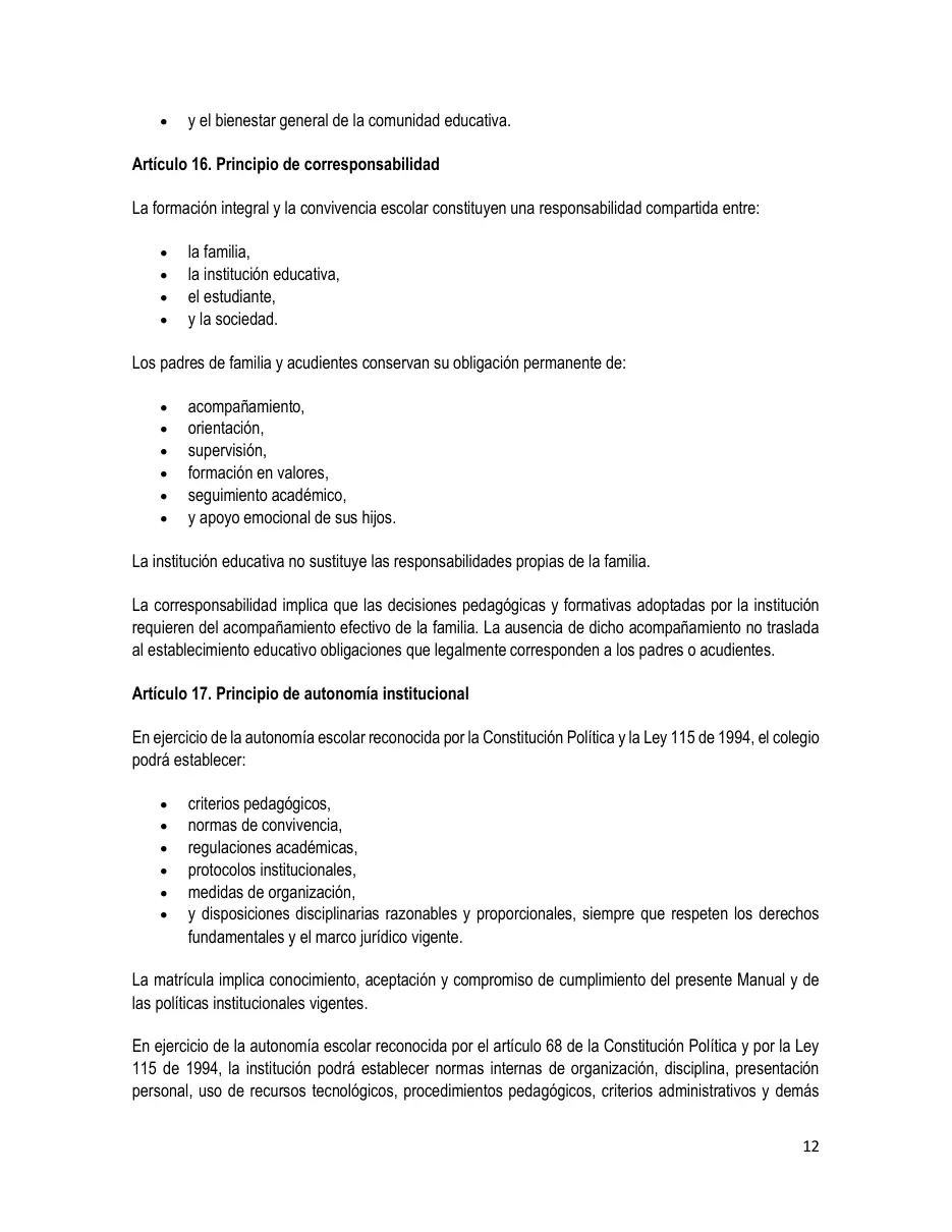 Página del Manual de Convivencia