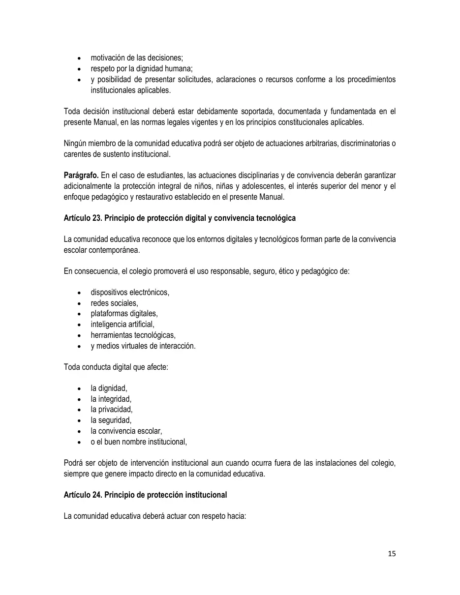 Página del Manual de Convivencia
