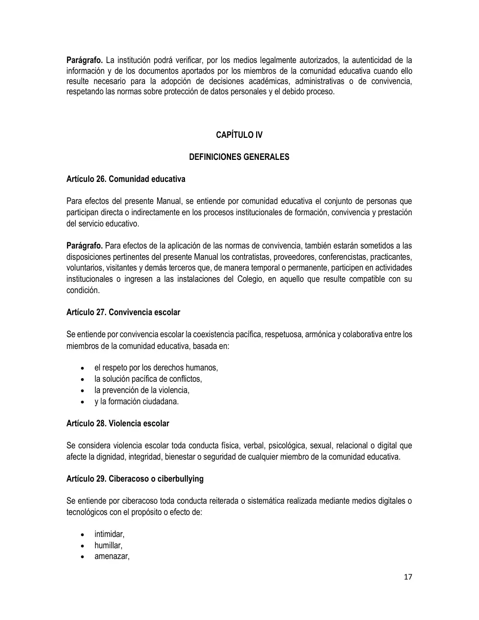 Página del Manual de Convivencia