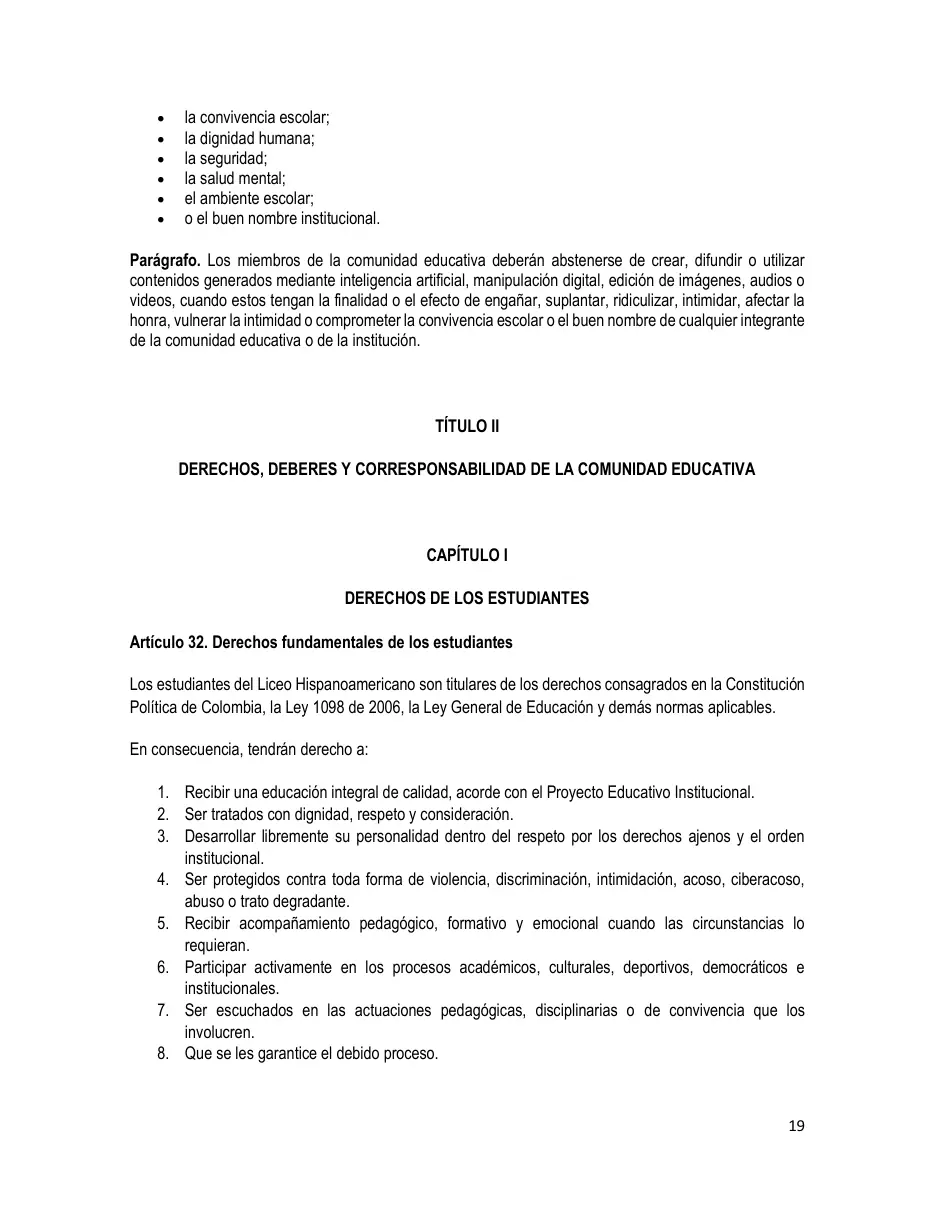 Página del Manual de Convivencia