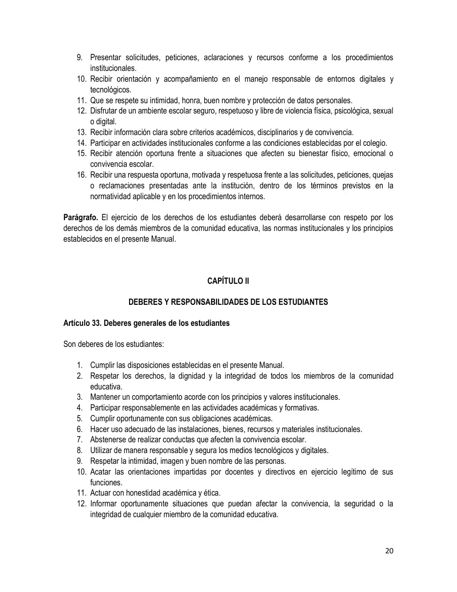 Página del Manual de Convivencia