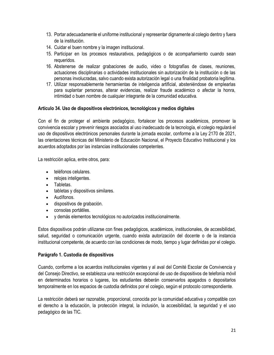 Página del Manual de Convivencia