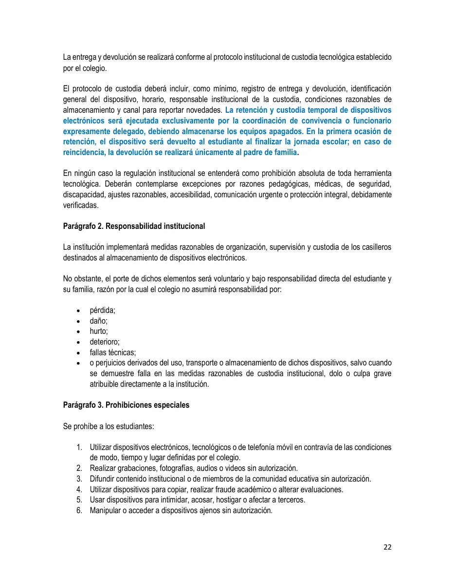 Página del Manual de Convivencia