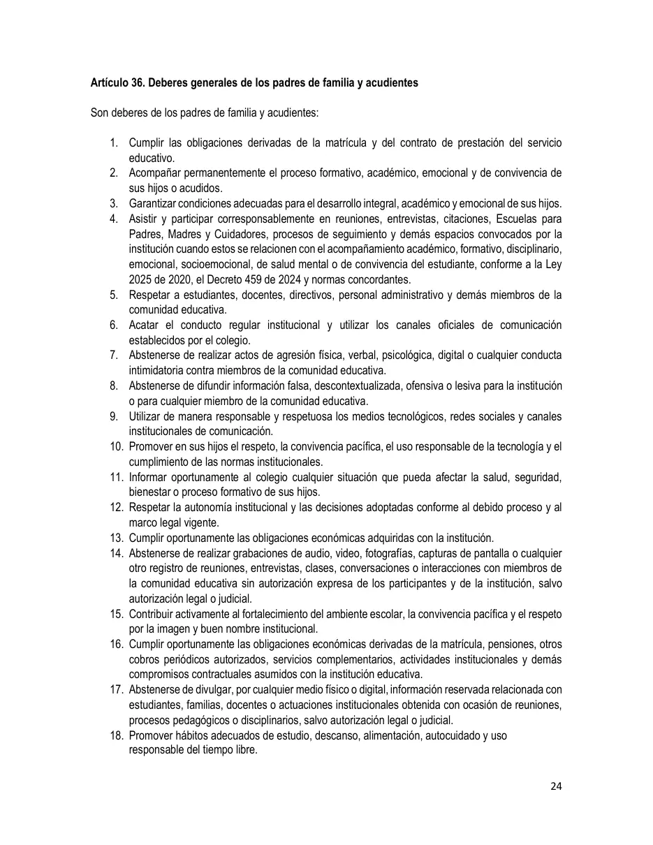 Página del Manual de Convivencia