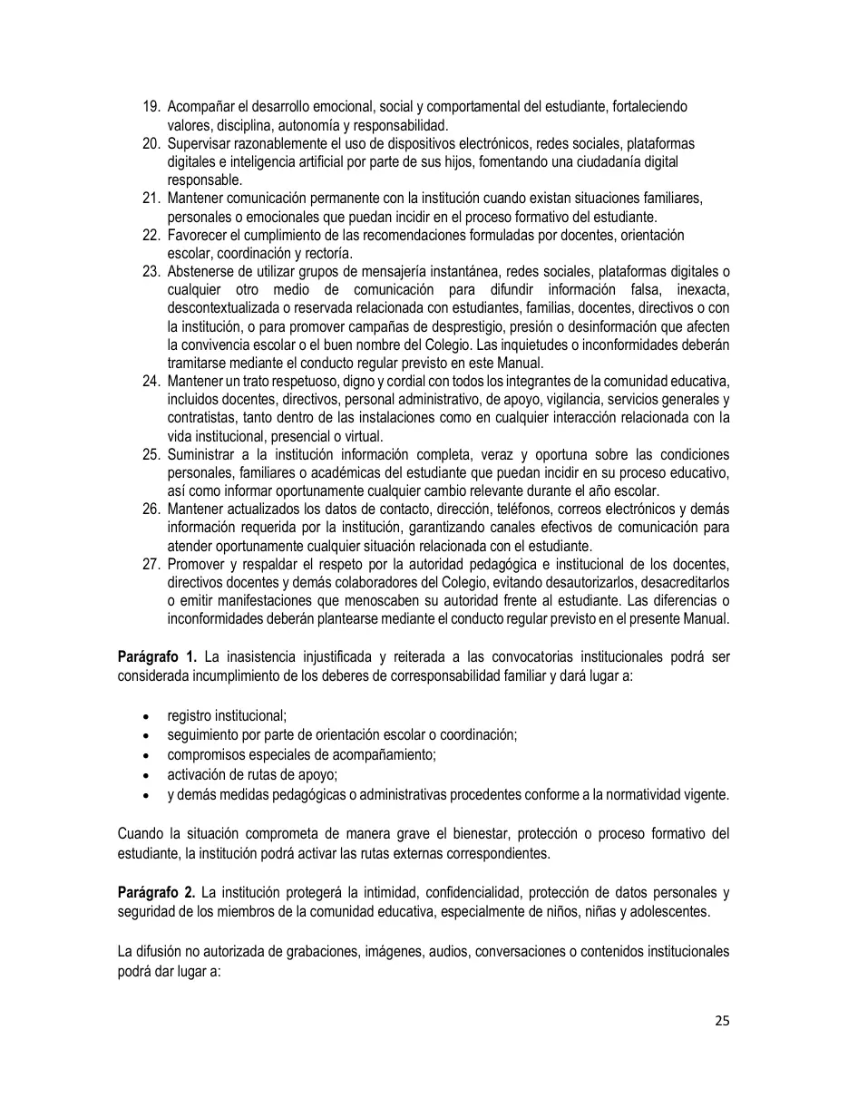 Página del Manual de Convivencia