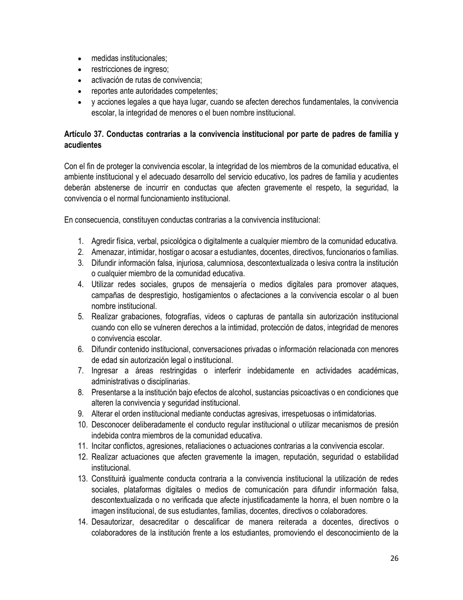 Página del Manual de Convivencia