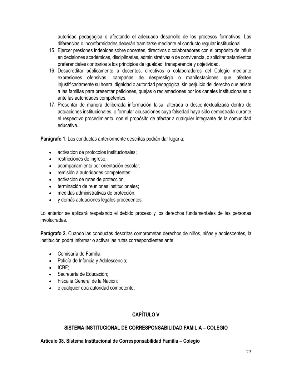Página del Manual de Convivencia