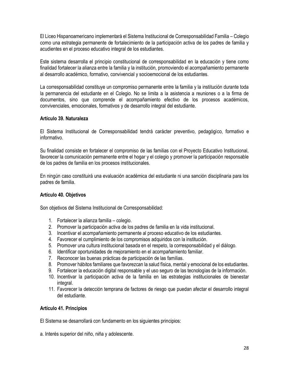 Página del Manual de Convivencia