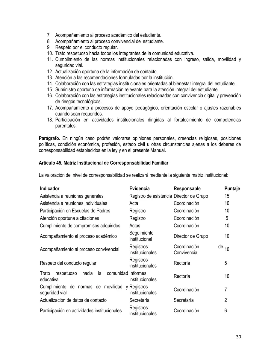 Página del Manual de Convivencia