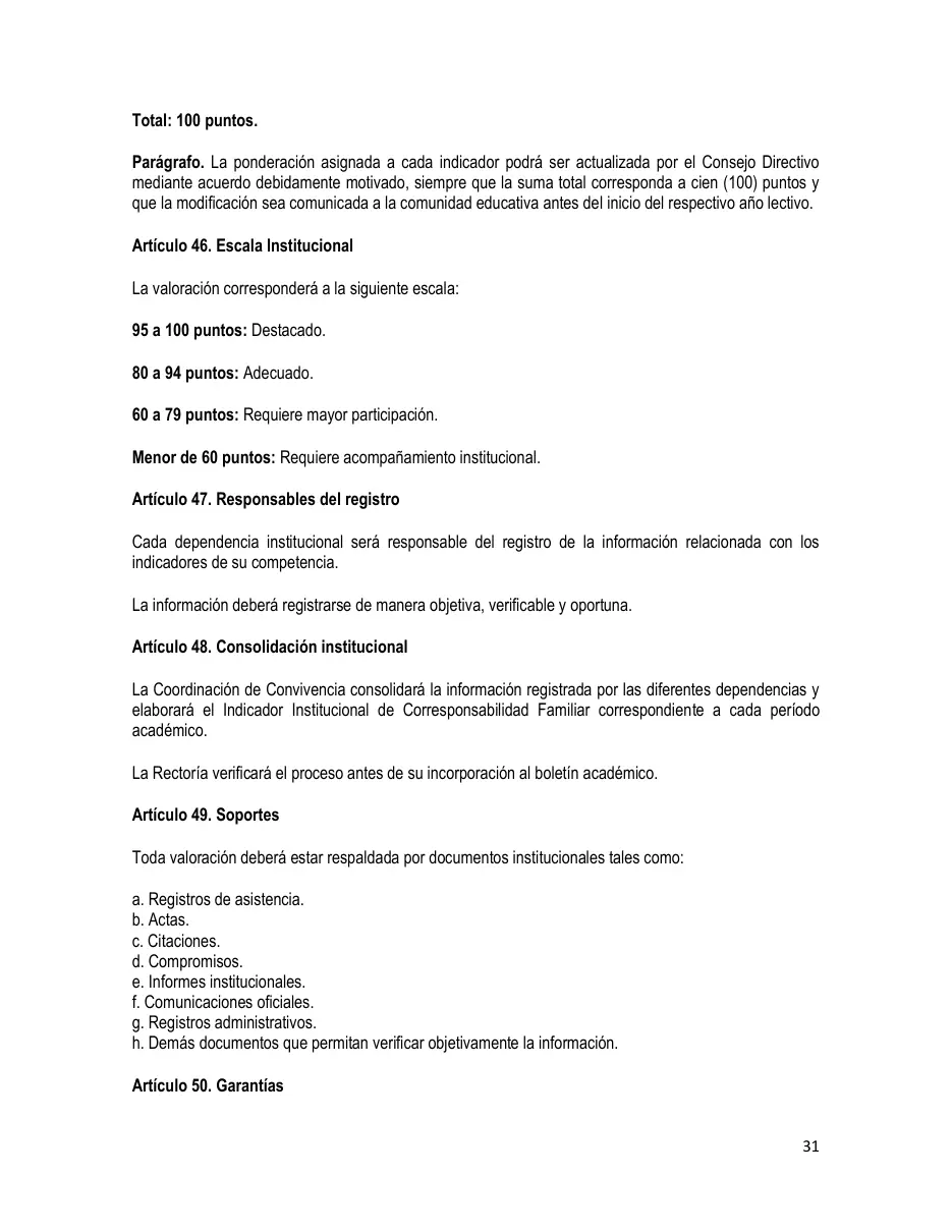 Página del Manual de Convivencia