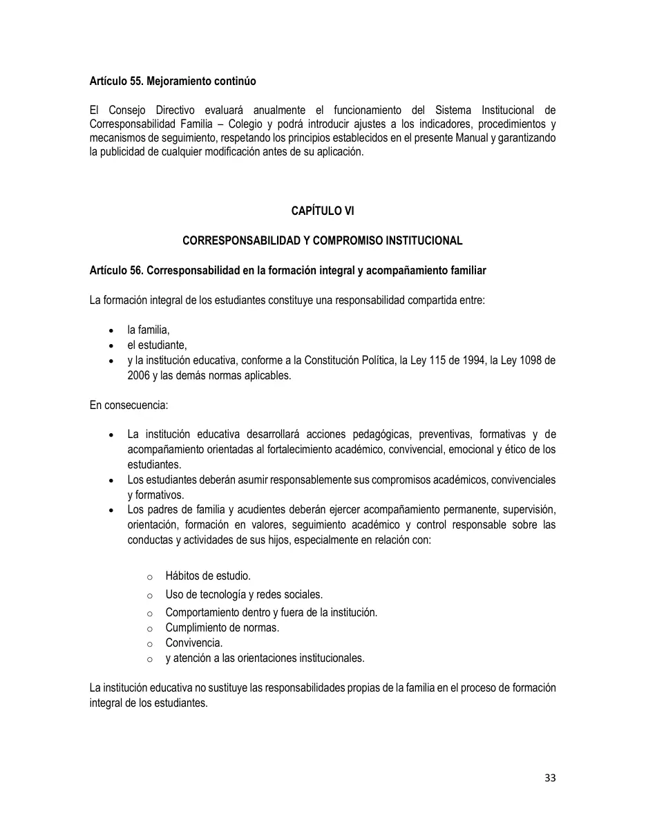 Página del Manual de Convivencia