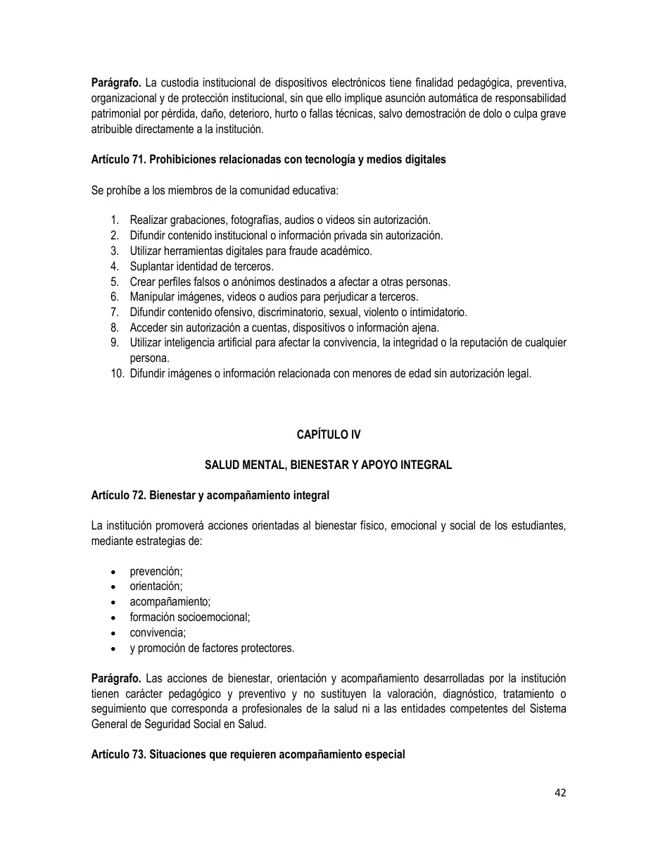 Página del Manual de Convivencia
