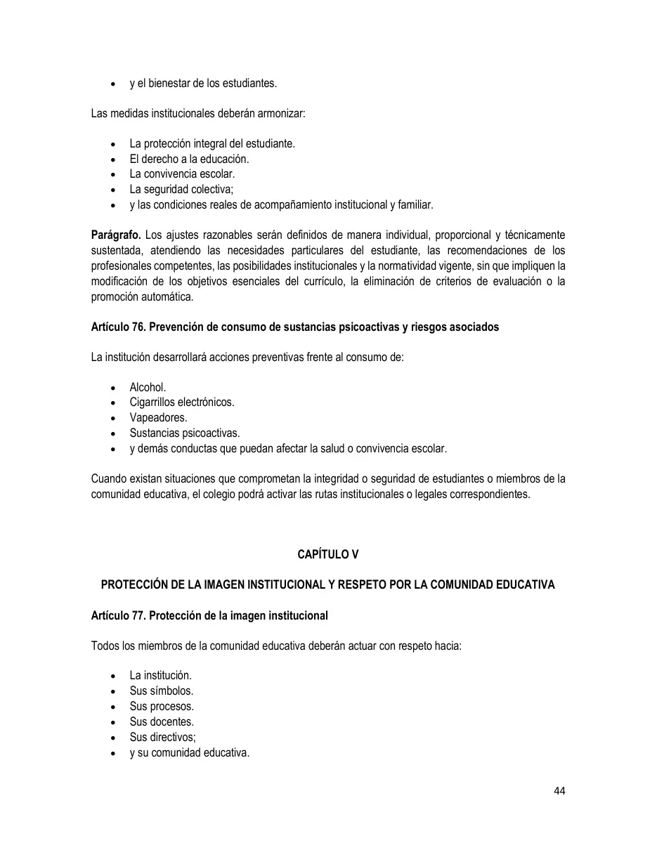 Página del Manual de Convivencia