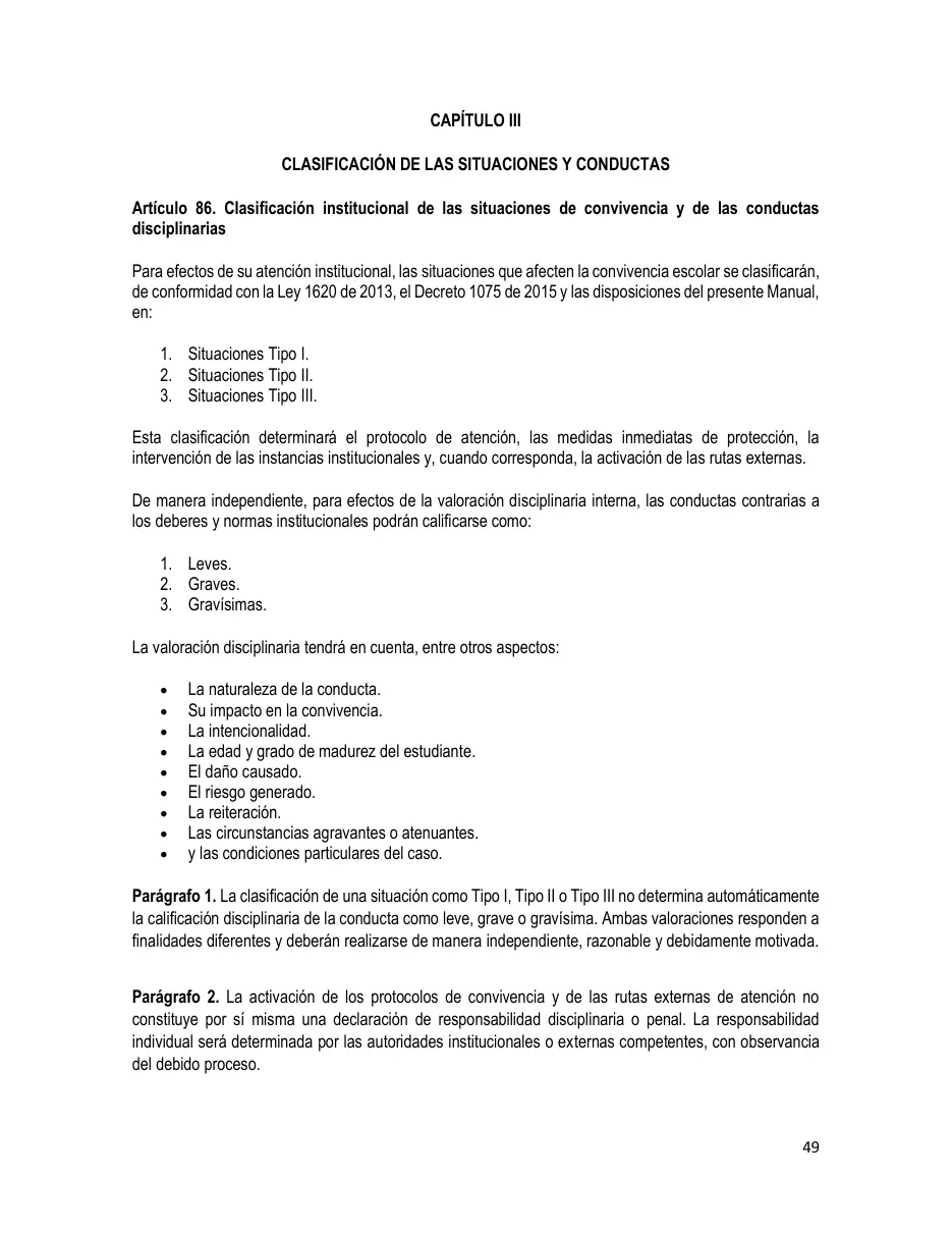 Página del Manual de Convivencia
