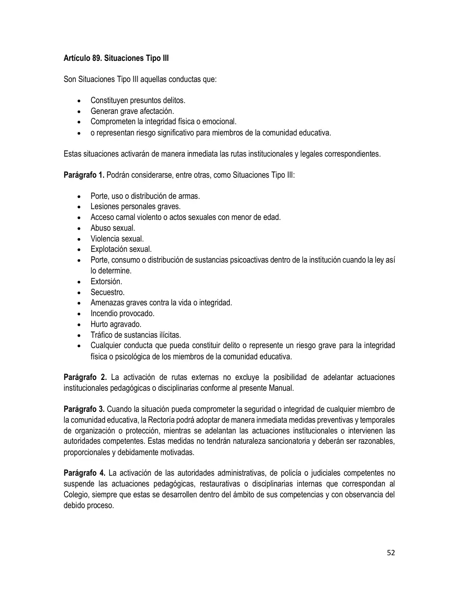 Página del Manual de Convivencia