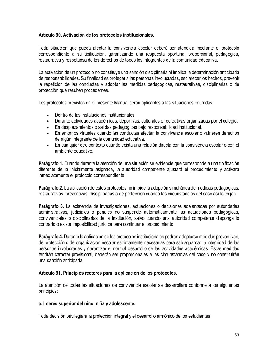 Página del Manual de Convivencia