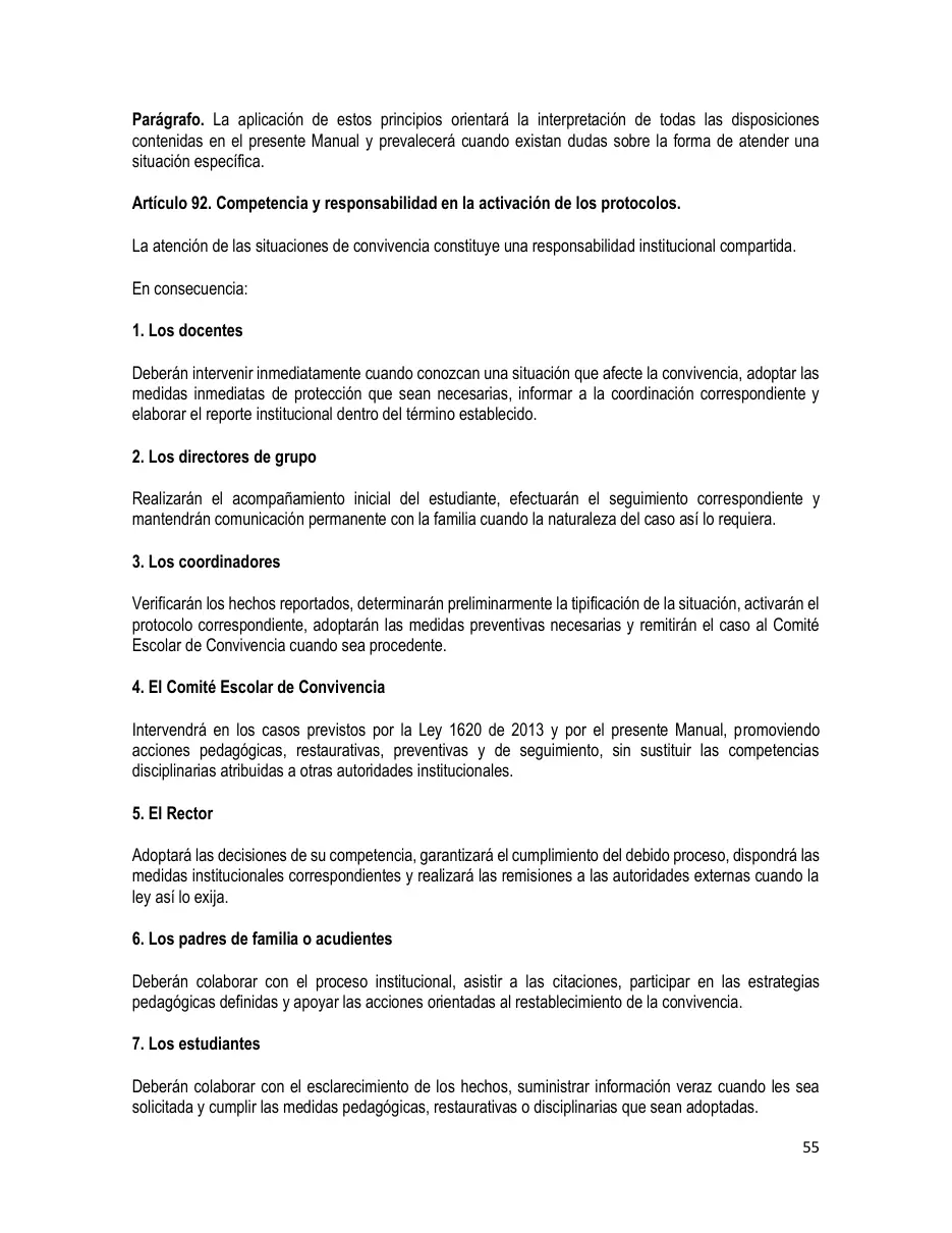 Página del Manual de Convivencia