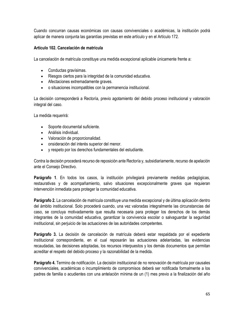 Página del Manual de Convivencia