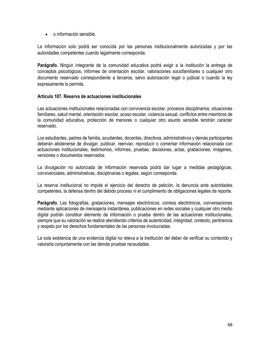 Página del Manual de Convivencia