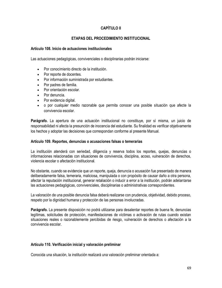 Página del Manual de Convivencia