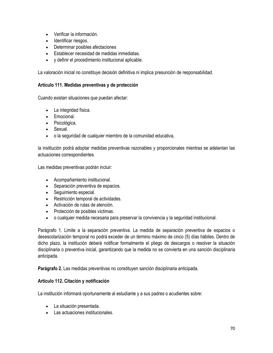 Página del Manual de Convivencia