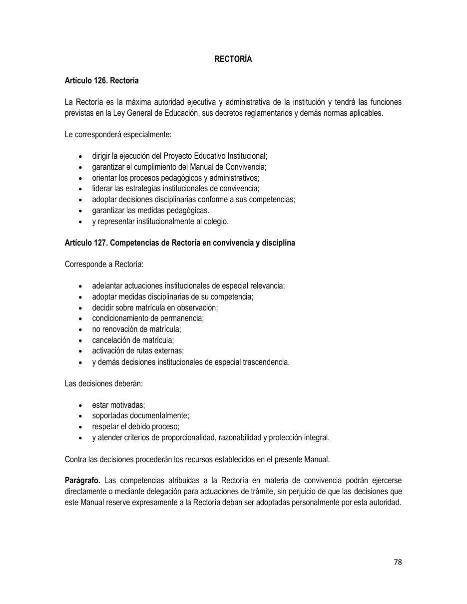 Página del Manual de Convivencia