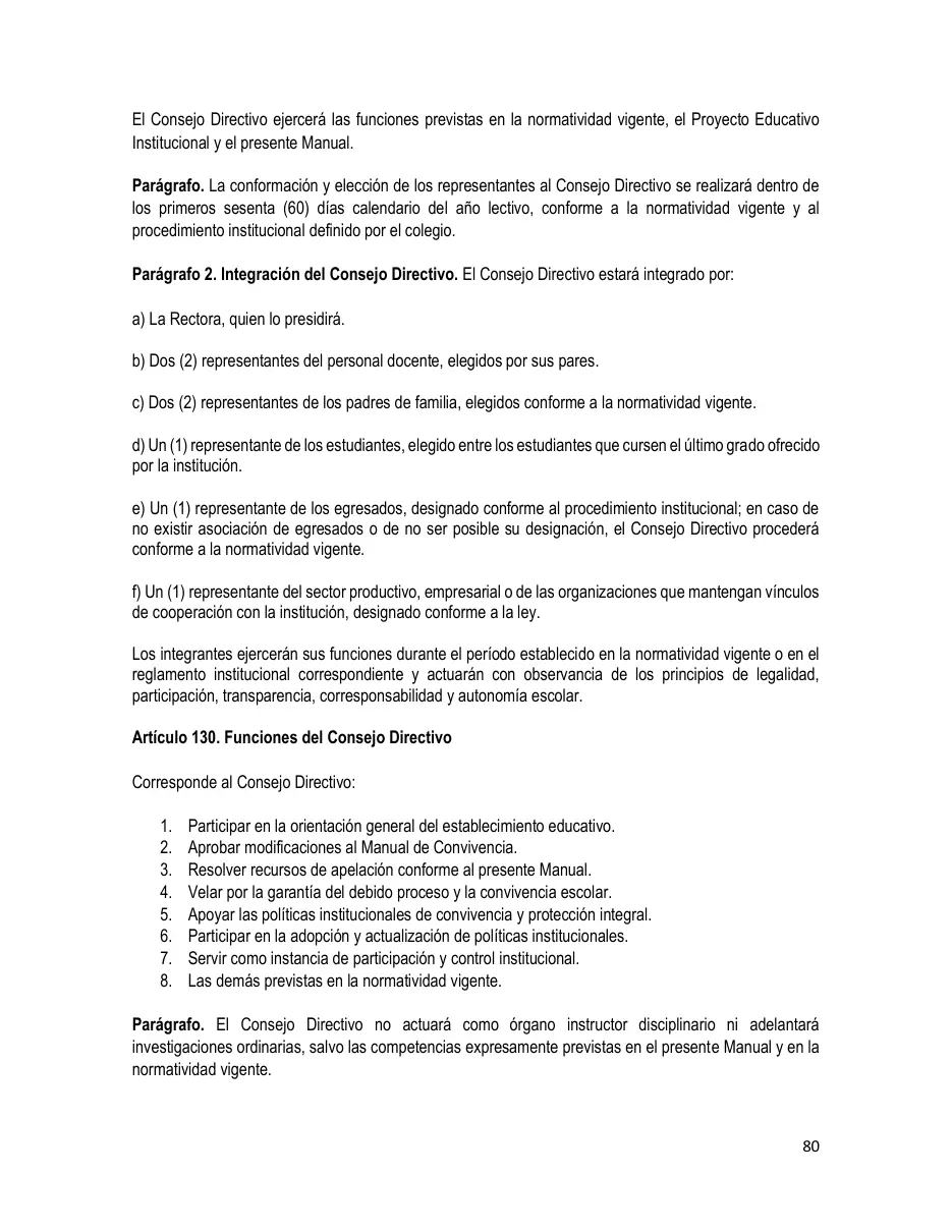 Página del Manual de Convivencia