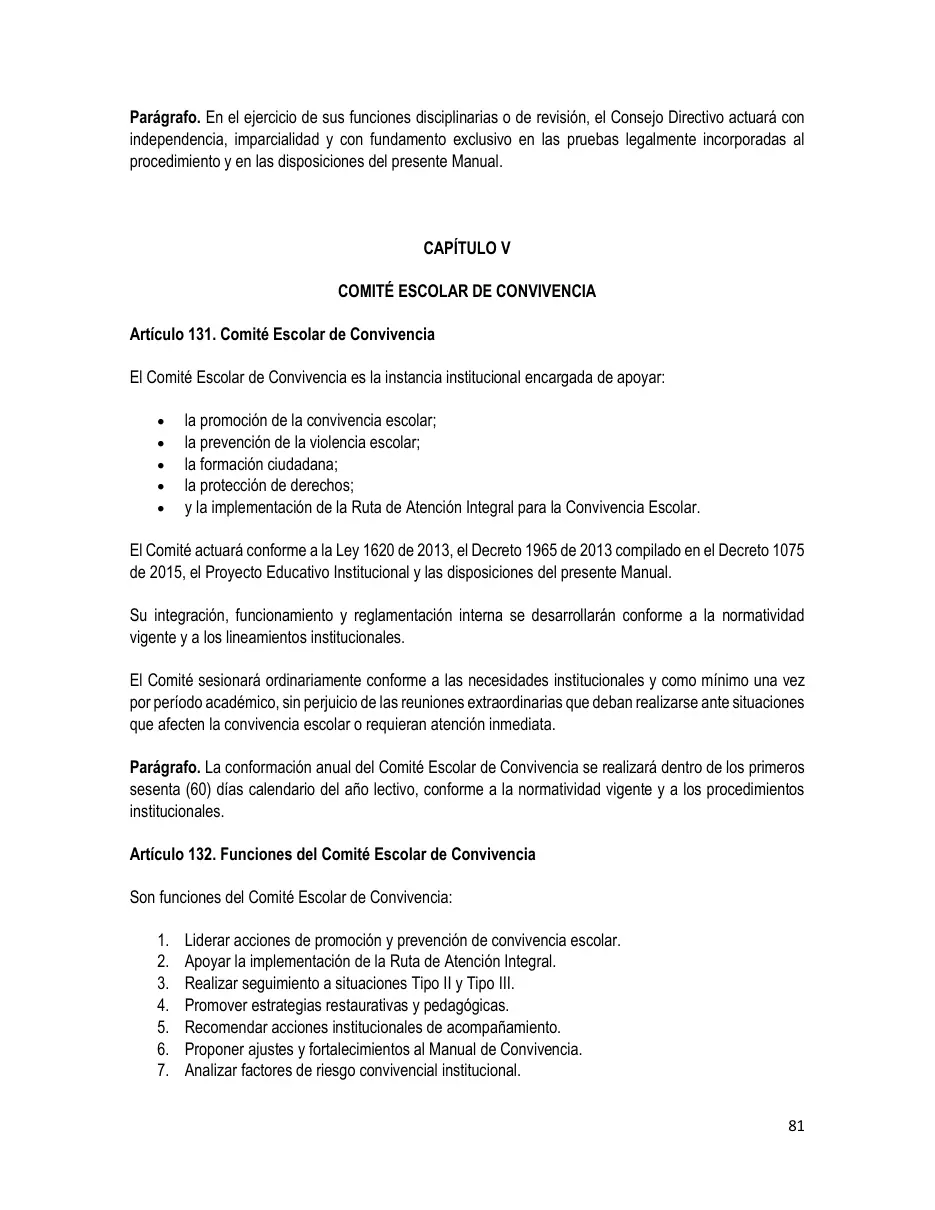 Página del Manual de Convivencia