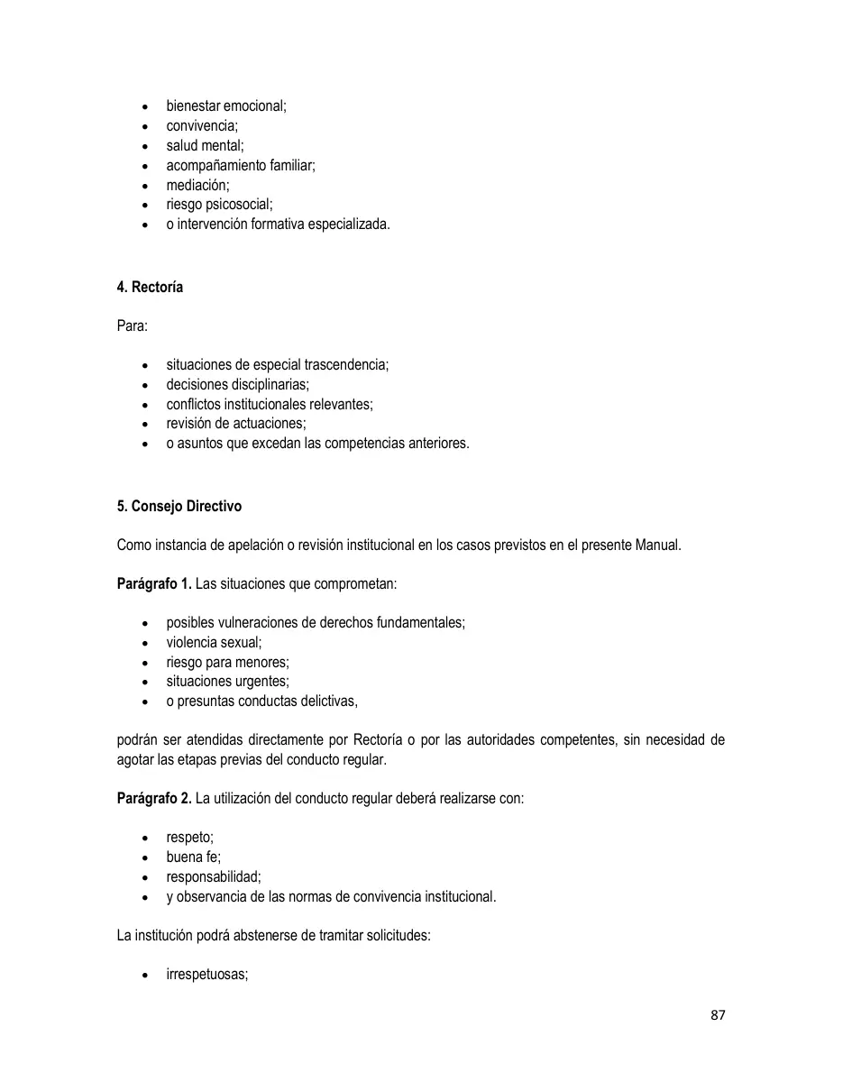 Página del Manual de Convivencia