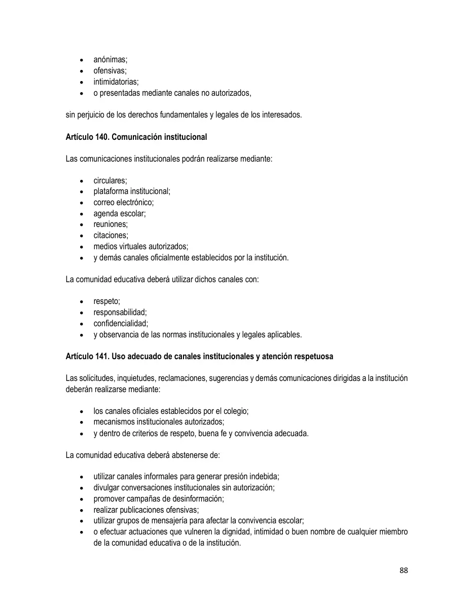 Página del Manual de Convivencia