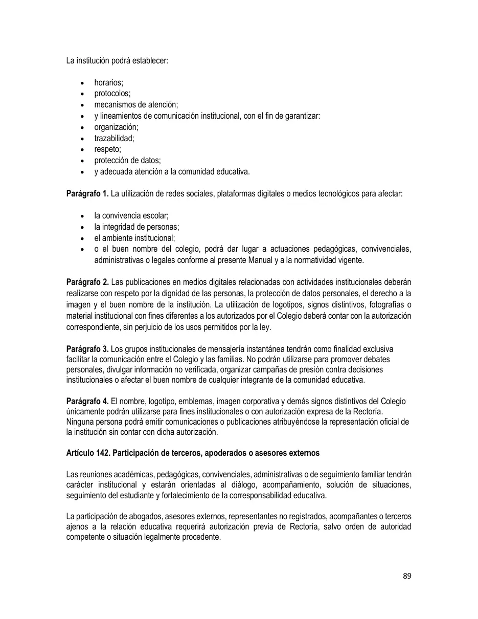 Página del Manual de Convivencia