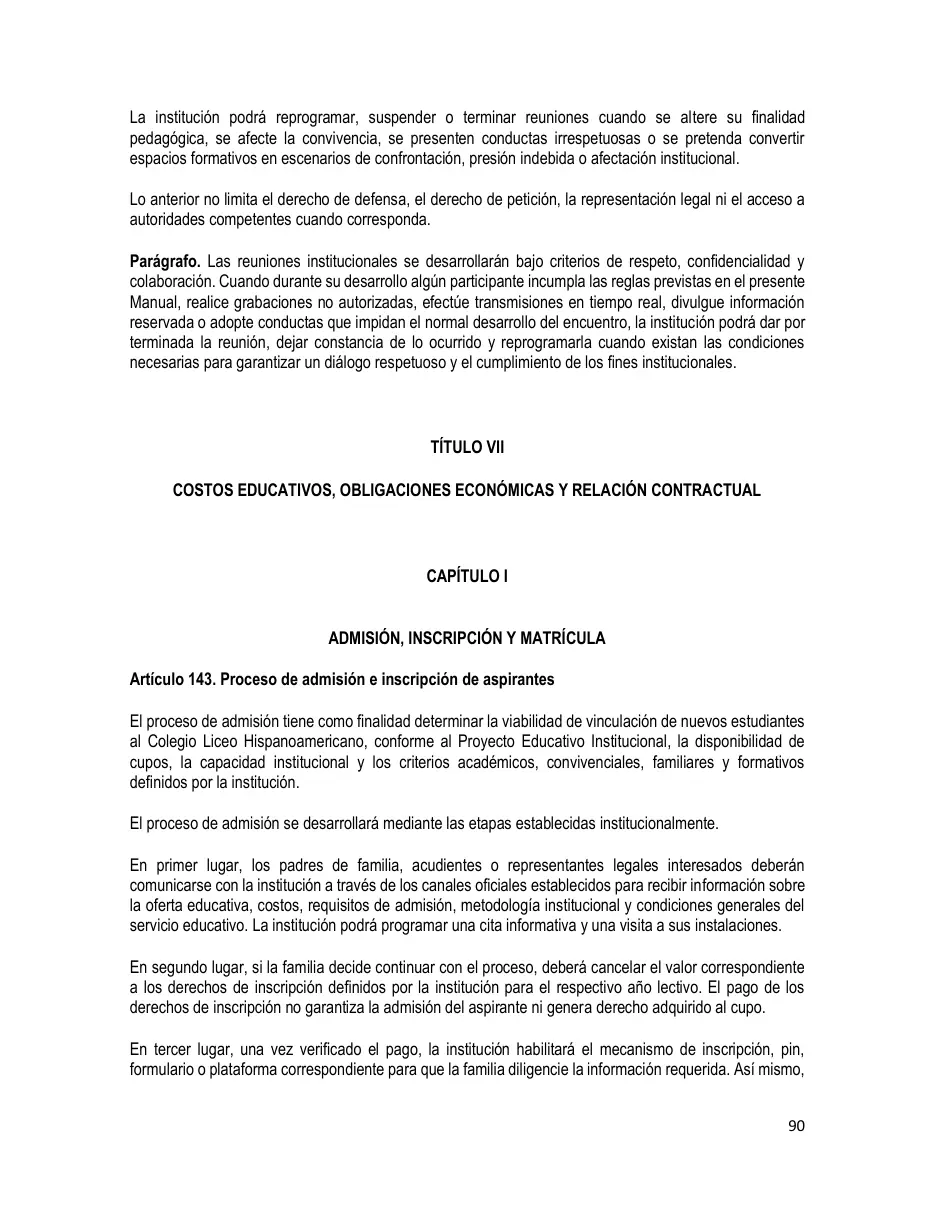 Página del Manual de Convivencia