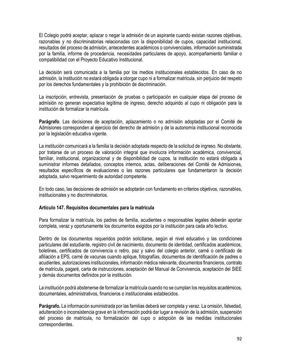 Página del Manual de Convivencia