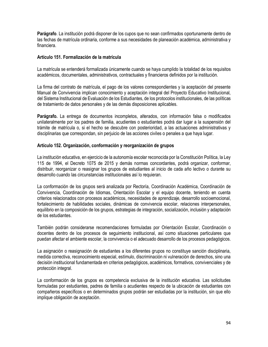 Página del Manual de Convivencia