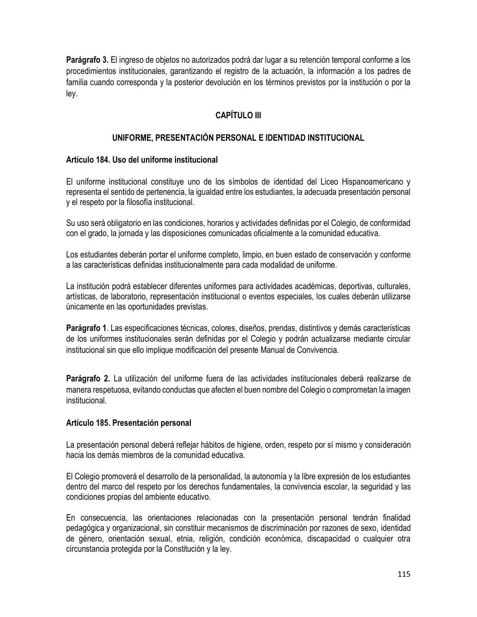 Página del Manual de Convivencia