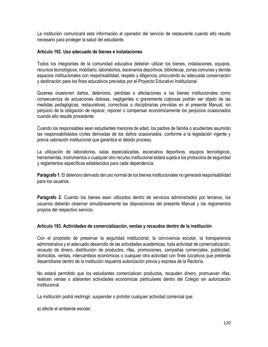 Página del Manual de Convivencia