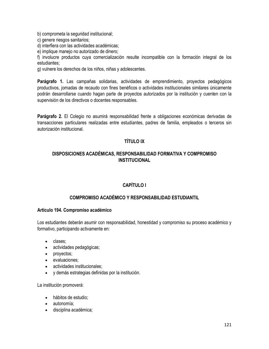 Página del Manual de Convivencia