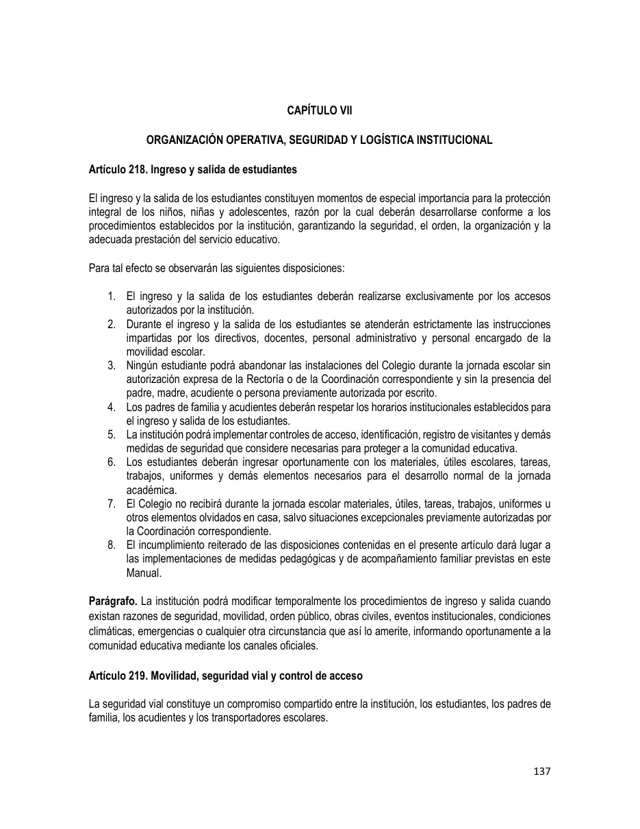 Página del Manual de Convivencia