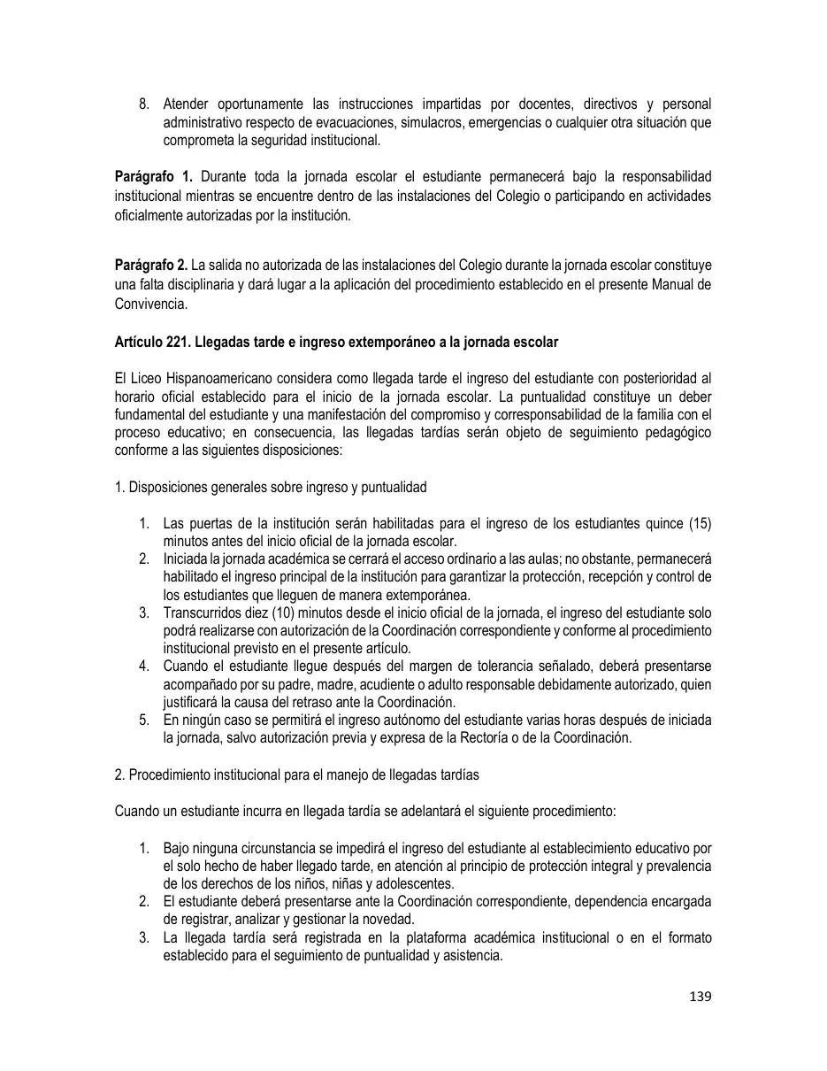Página del Manual de Convivencia