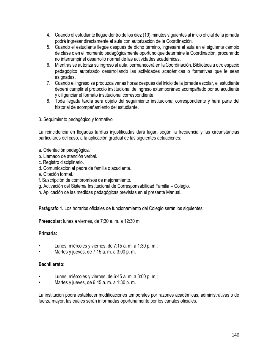 Página del Manual de Convivencia