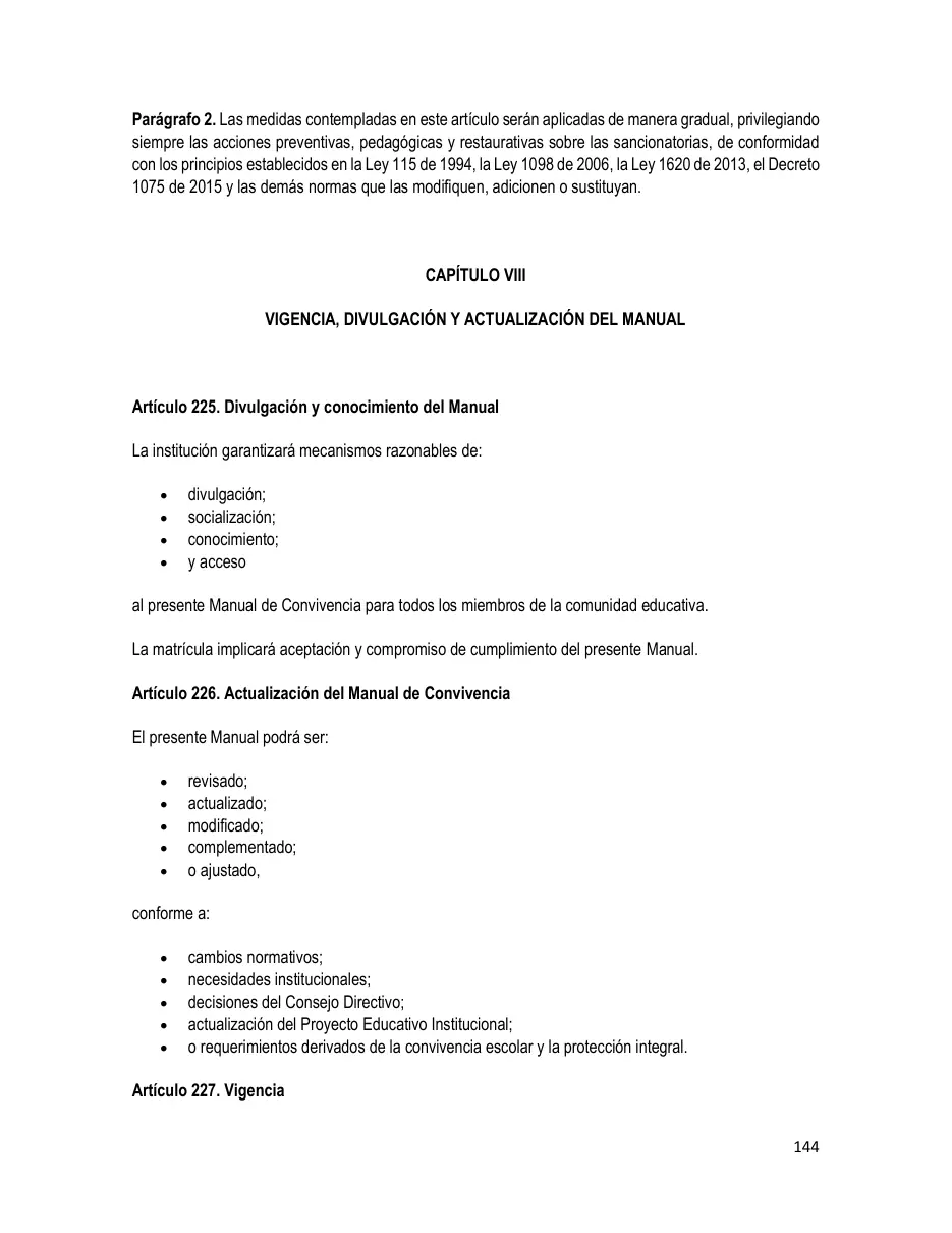 Página del Manual de Convivencia