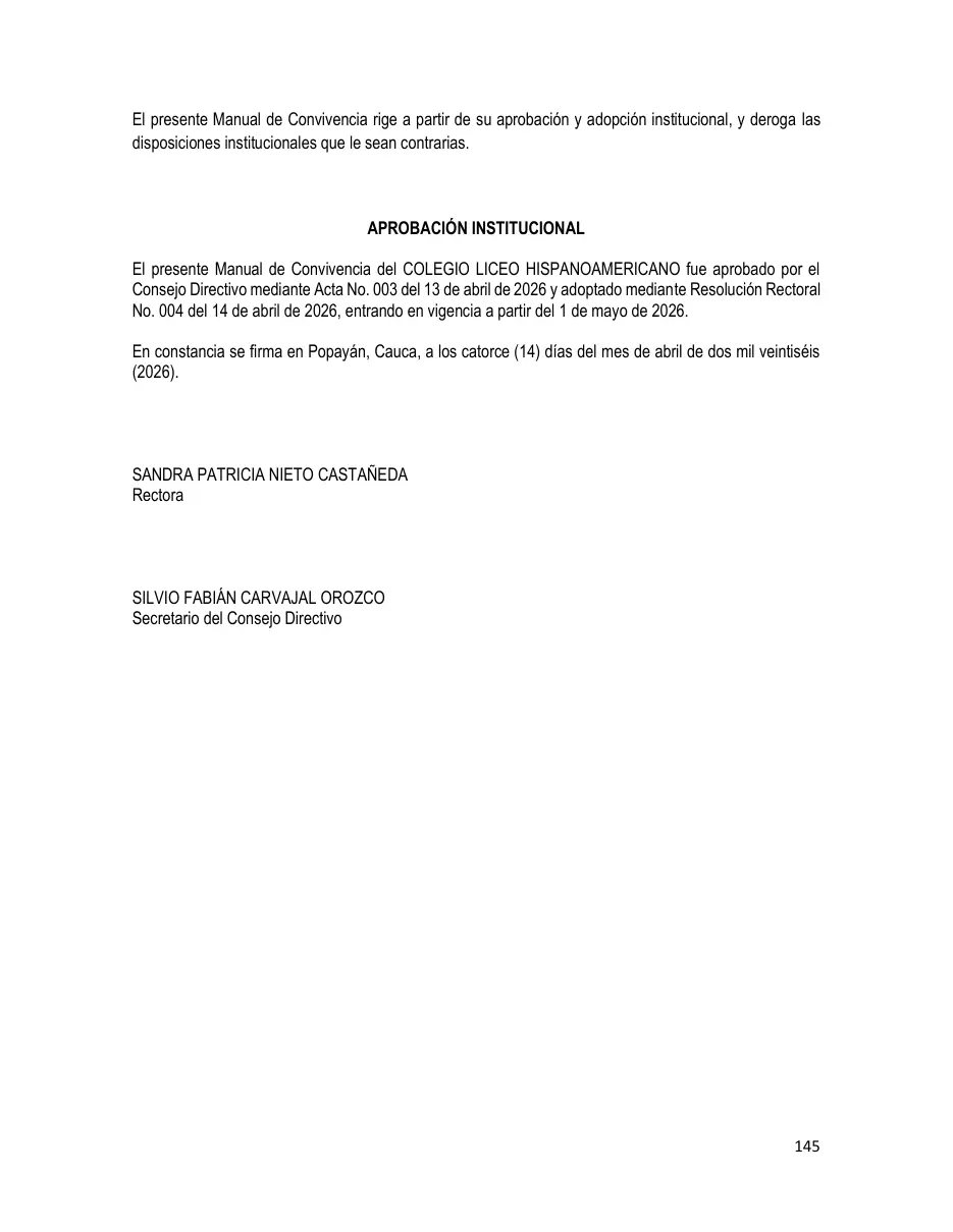 Página del Manual de Convivencia